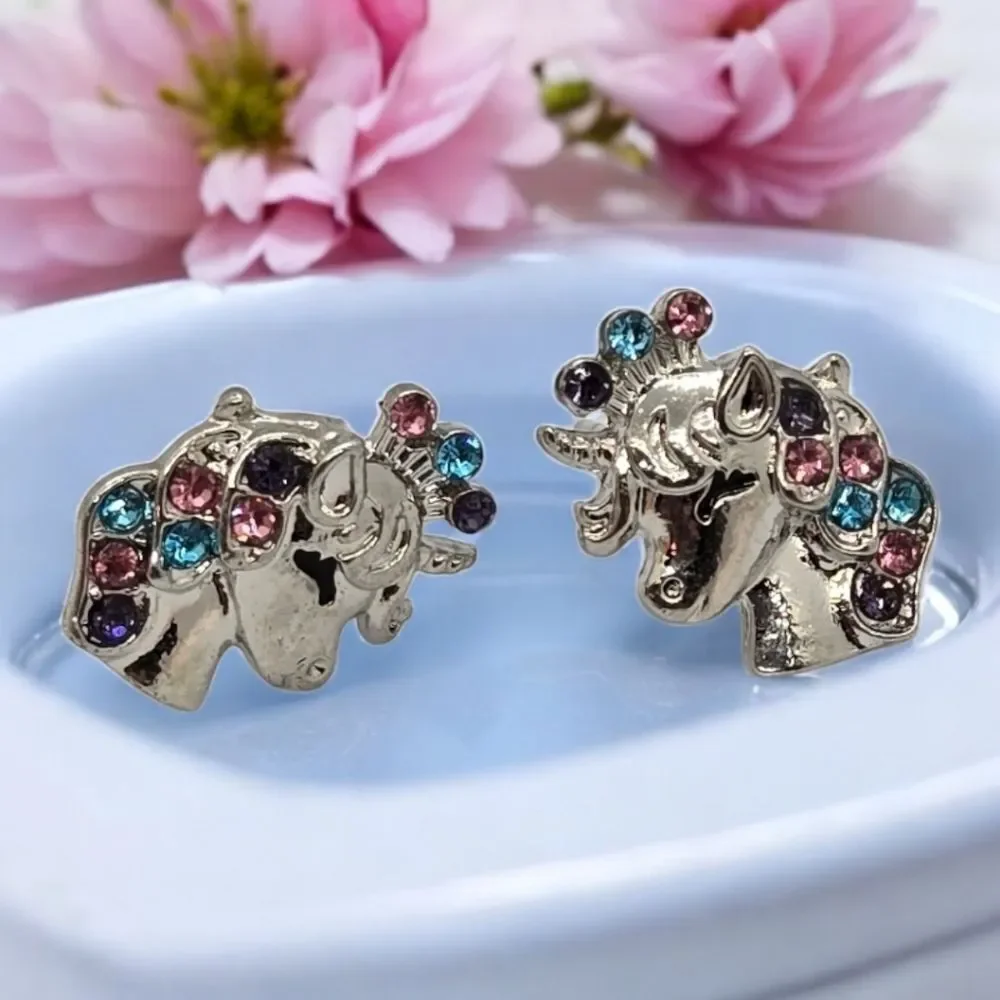 Unicorn Rhinestone Silver Earrings Sparkly Pierced Ears Fantasy Fashion Jewelry
